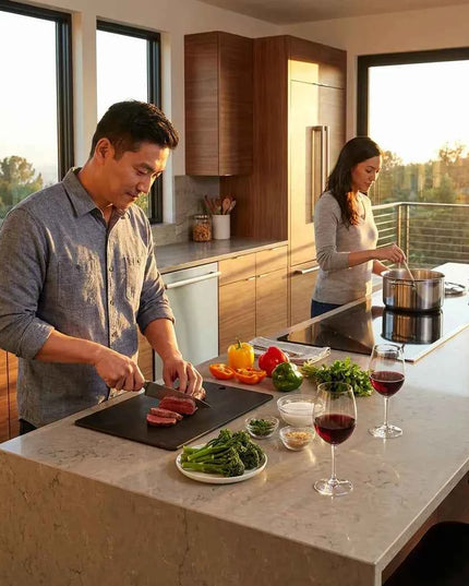 Man cuts meat on a black cutting board in a modern kitchen with fresh vegetables and red wine.