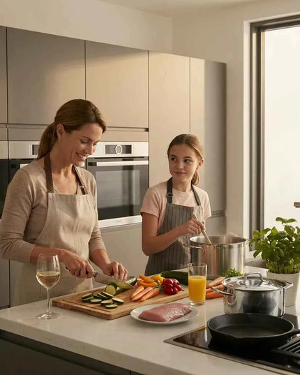 Woman and girl cooking together in a modern kitchen with a cutting board and fresh vegetables
