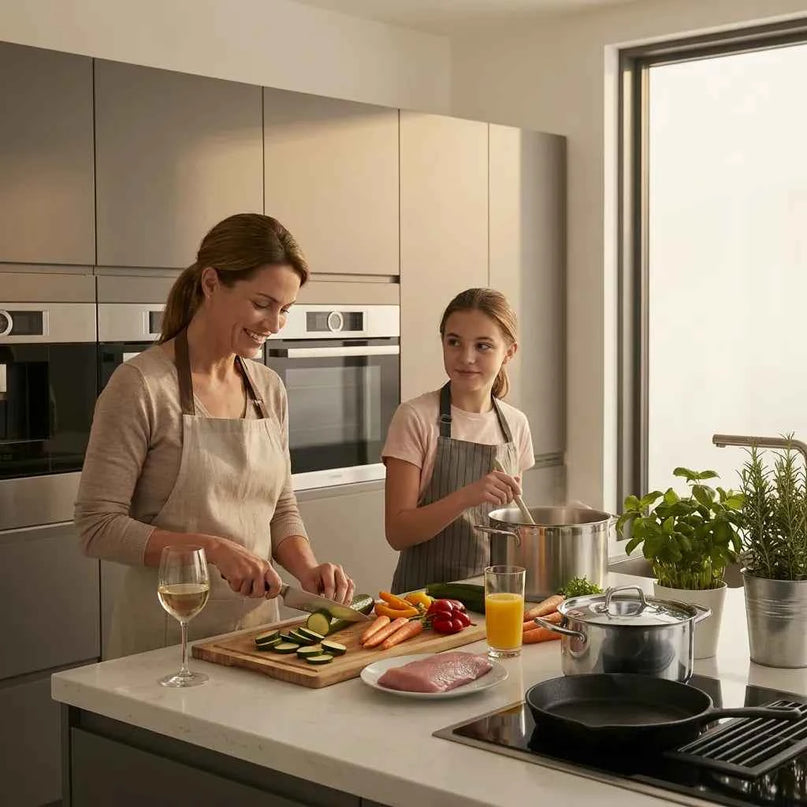 Woman and girl cooking together in a modern kitchen with a cutting board and fresh vegetables