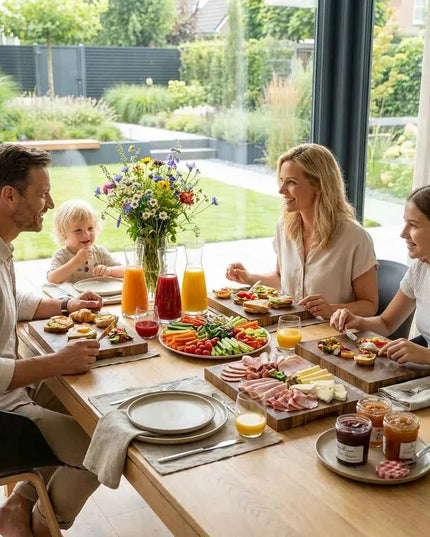 Family at breakfast with fresh vegetables, cheese, and cutting boards – perfect for the kitchen