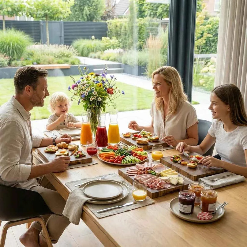 Family at breakfast with fresh vegetables, cheese, and cutting boards – perfect for the kitchen