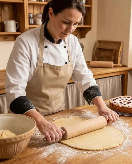 Chef rolls out dough on wooden board – sustainable cutting board for the kitchen