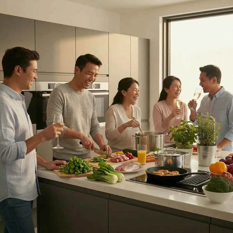 Friends cook together in a modern kitchen with fresh vegetables and a cutting board.