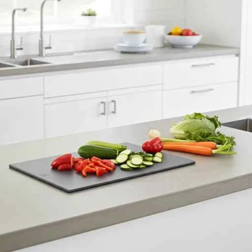 Sustainable cutting board with fresh vegetables in modern kitchen