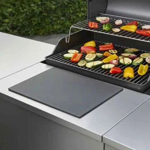 Sustainable cutting board next to grill with grilled vegetables outdoors