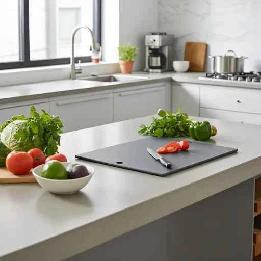 Sustainable cutting board in modern kitchen with fresh vegetables and knife