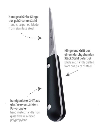 Knife with hand-sharpened blade made of hardened steel and ergonomic handle made of polypropylene