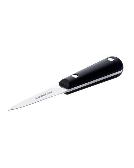 Slim kitchen knife with black handle and triangle logo, ideal for precise cutting